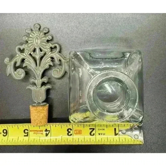 Perfume Bottle with Handblown Wide Glass Base, Metal Floral Accent Cork Stopper - Picture 8 of 8